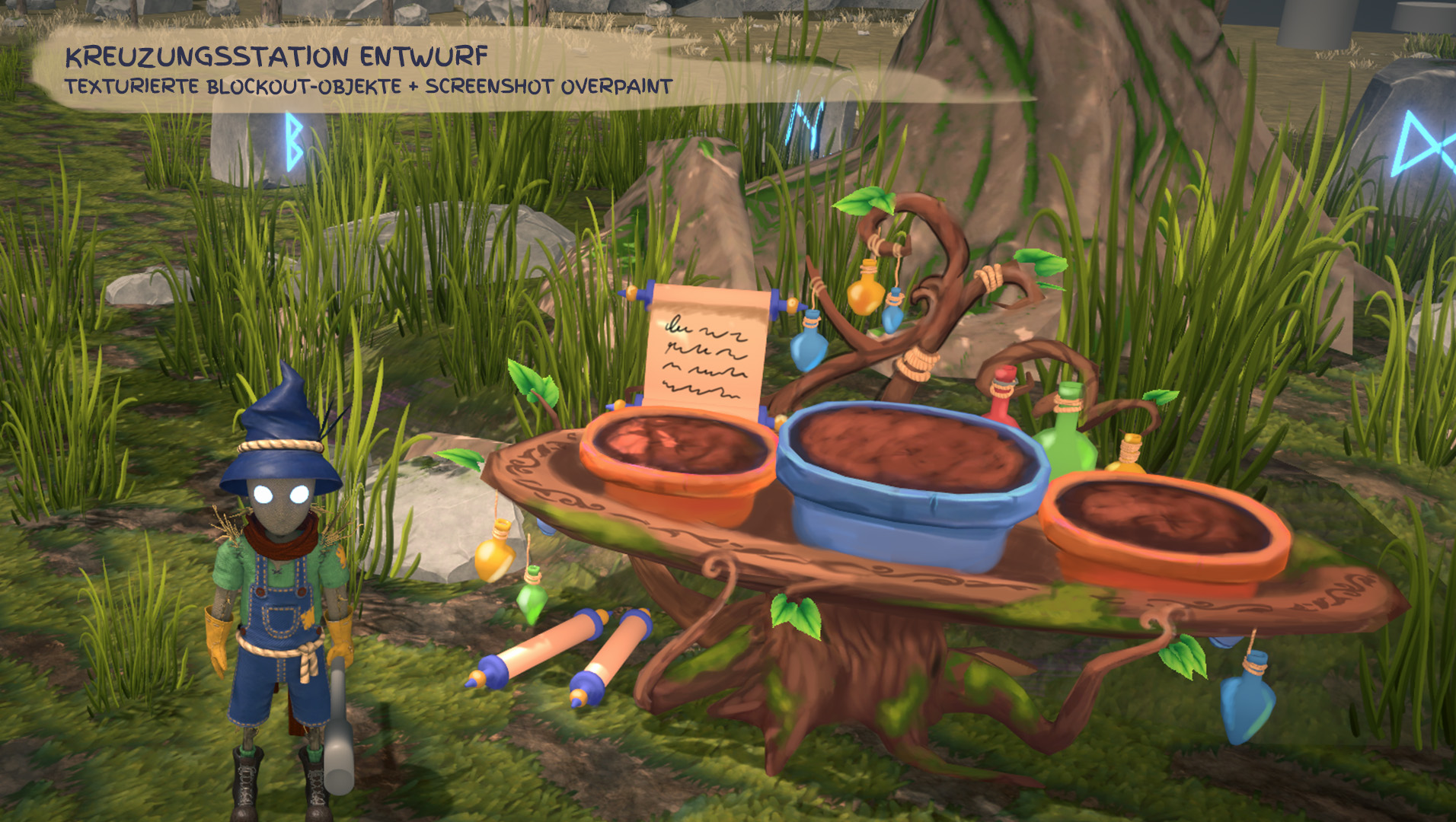 Screenshot, Spielauszug aus dem Videospiel Growing Wild vom Nürnberger Entwicklerstudio NeoBird. Man sieht Anzuchttöpfe auf einem Tisch und eine Kreatur, die gärtnert.