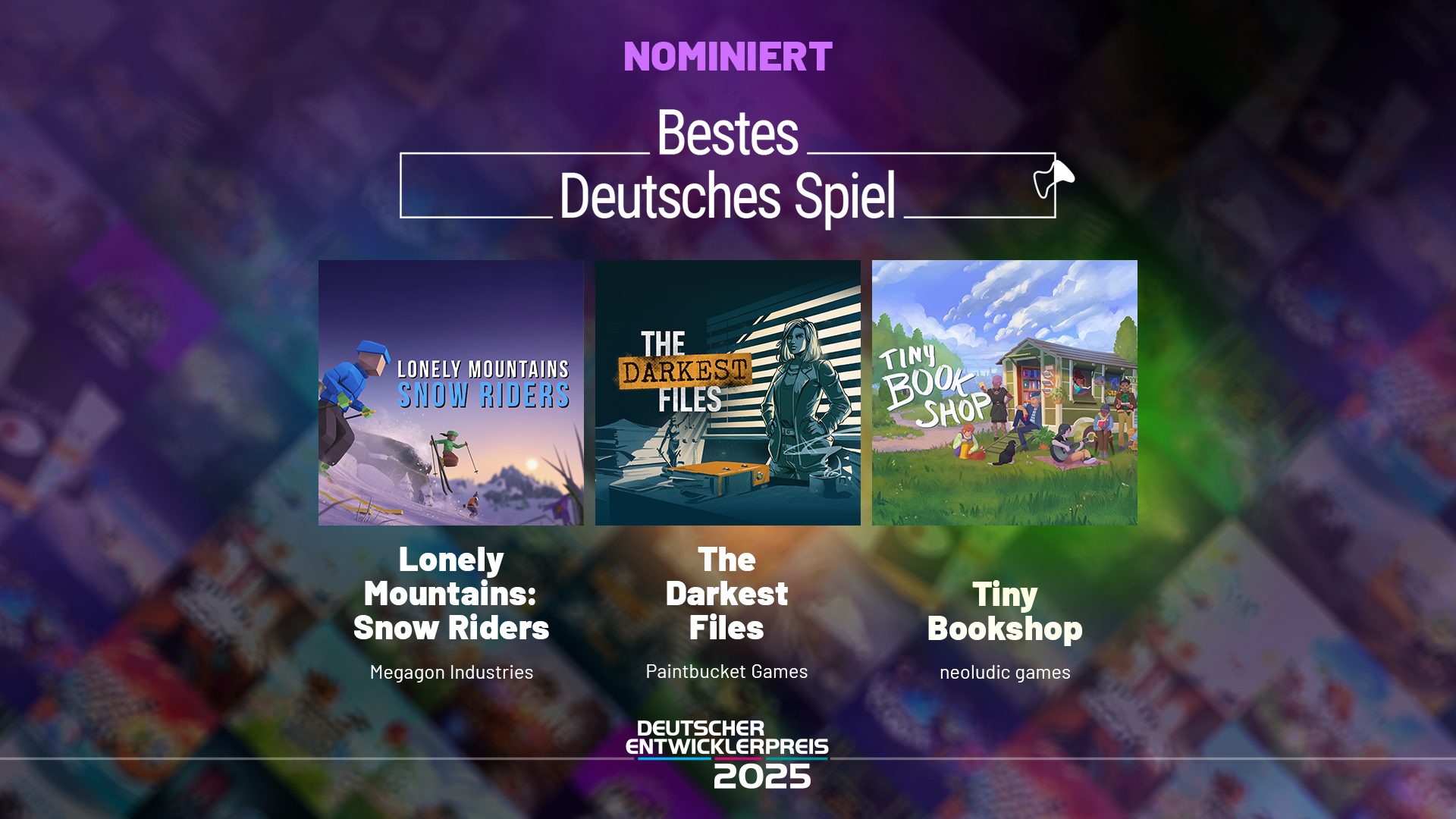 Die Nominierten für den Deutschen Entwicklerpreis 2025 in der Kategorie "Bestes Deutsches Spiel". Autor/Quelle: Deutscher Entwicklerpreis, Quinke Networks